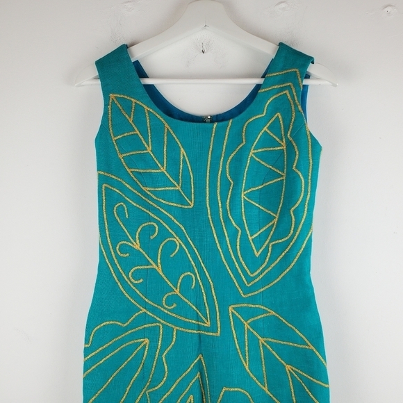 Santa Fe Sheath Dress Womens 6 Aqua Green Ramie Gold Embroidered Leaves Tropical - Picture 8 of 13